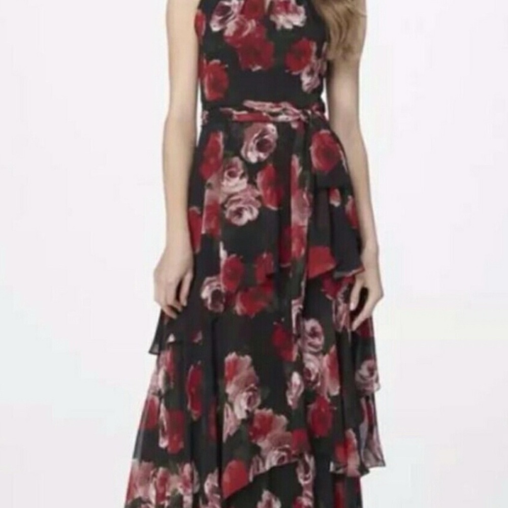 Tahari Red and Pink Halter Maxi Dress with Ruffled Tiers